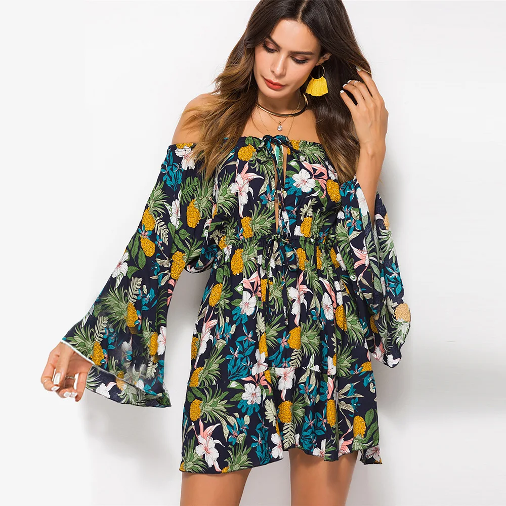 

Women Print Long Flare Sleeve Off The Shoulder A-Line Pleated Elastic Waist Casual Dress with Belt