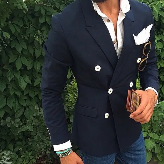 navy blue coat pant with black shirt