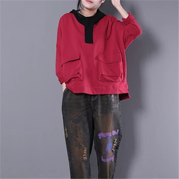 

2018 Fashion Spring Autumn New Large Size Women's Clothing Art And Color Hooded Big Pocket Clothes Women's Top HJB33