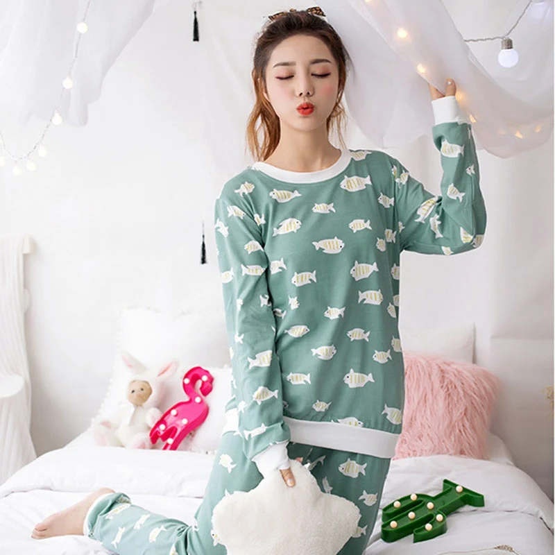 2018 Новый Для женщин пижамный комплект осенние женские милые животные мультфильм печати пижамы женские Длинные рукава Домашняя одежда