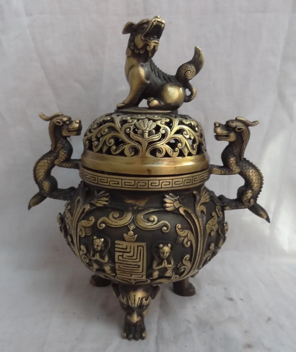 

10" Chinese Bronze Dragon Lion Statue Flower Child Shou Incense Burner Censer
