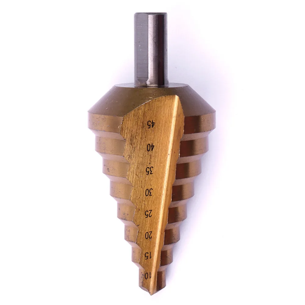 

Top Quality 8 Steps from 10 to 45mm Step Drill Bit Straight flute HSS Titanium Triangle round handle Stepped Drill For Wood work