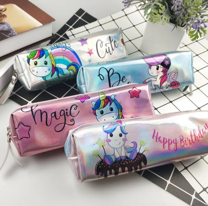 

Holographic Laser Pencil Case Unicorn Pencil Bag For Girl Boy Student Big Capacity PU Pen Box School Supply Stationery