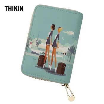 

THIKIN Women Credit Card Holder Flight Attendant Pattern Prints Cute Female Cartoon Girls Function Bank Cards Wallet Coin Purse