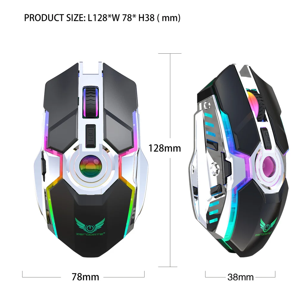 ZERODATE new rechargeable mouse RGB light wireless mouse 2.4G adjustable DPI game player office PC notebook application