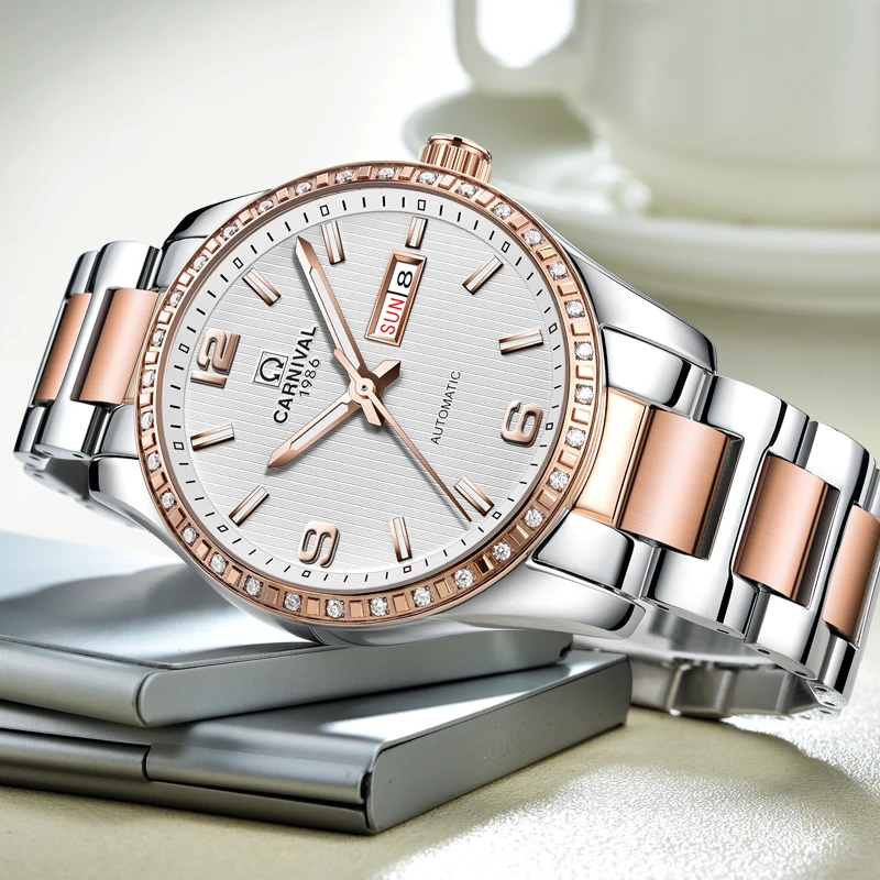 

Carnival Automatic Mechanical Watch Men Diamond Luminous Sapphire Waterproof Businees Double Calendar Clock