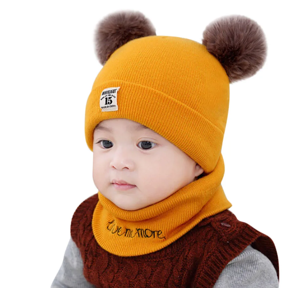 Детские зимние шерстяные шапки, шарф для маленьких мальчиков и девочек, меховая шапка с помпонами, зимний теплый шарф вязанная шапочка, шапка, шарф, комплект - Цвет: Yellow
