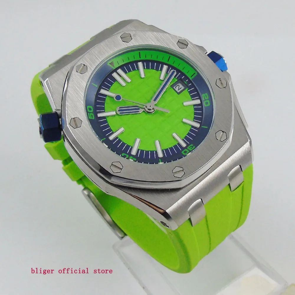 

Fashional 43mm Big Face Green Men's Watch Date Window Automatic Movement Multifuntion Wristwatch Rubber Strap