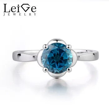 

Leige Jewelry London Blue Topaz Ring Round Cut Solitaire Ring Engagement ring Plain Band Romantic Gifts For Woman 925 Silver