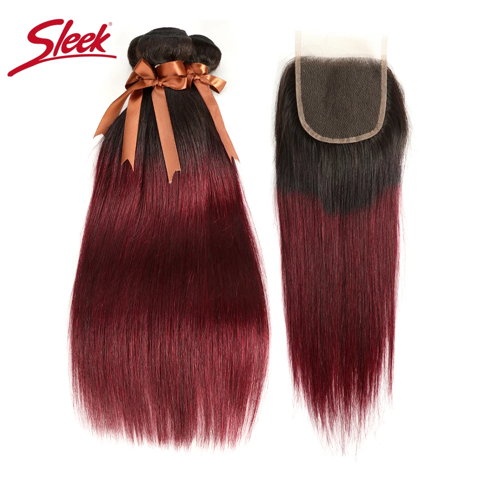 

Sleek Hair Non-Remy Brazilian Straight Hair Bundles T1B/99J 100% Human Hair 3 Bundles With Closure Hair Extensions Free Shipping