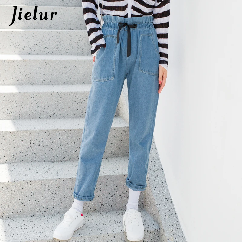 Jielur 2019 Elastic High Waist Jeans for Women Blue Lace up Korean