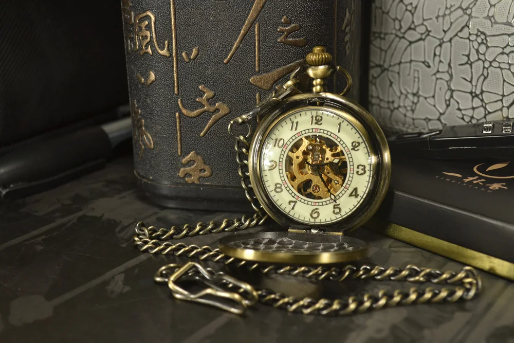TIEDAN Бронзовый стимпанк Скелет механический карманные часы для мужчин Античный роскошный бренд ожерелье карманные часы цепочка мужские часы
