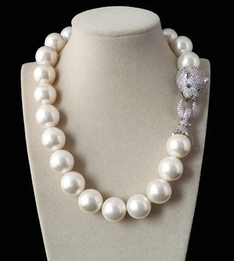 

Huge 20mm Genuine White South Sea Shell imitation Pearl Necklace 19'' AAA Crystal Clasp