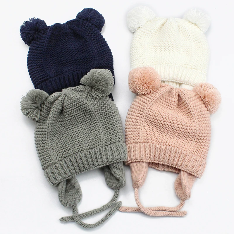 Вязаная детская шапка, шапка-капот, теплая зимняя шапка для новорожденных мальчиков и девочек, детская шапка с помпоном, Младенческая шапочка, шапка-капот, Enfant