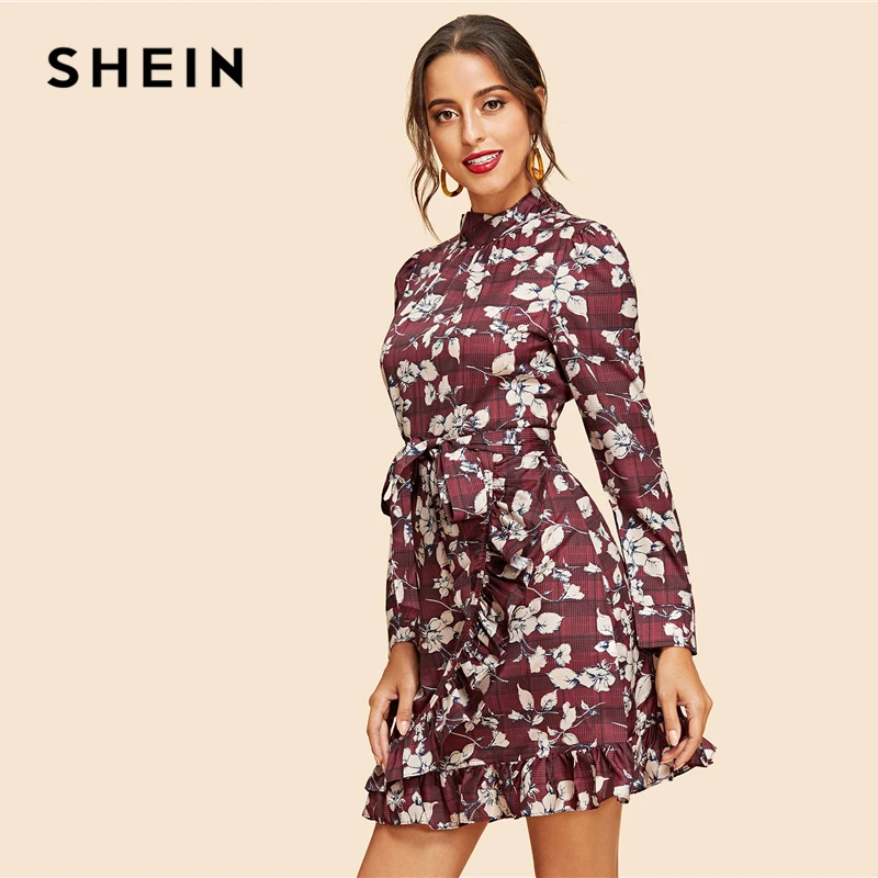 SHEIN Платье С Оборкой Элегантное Короткое Женское Мини-Платье С цветочным принтом