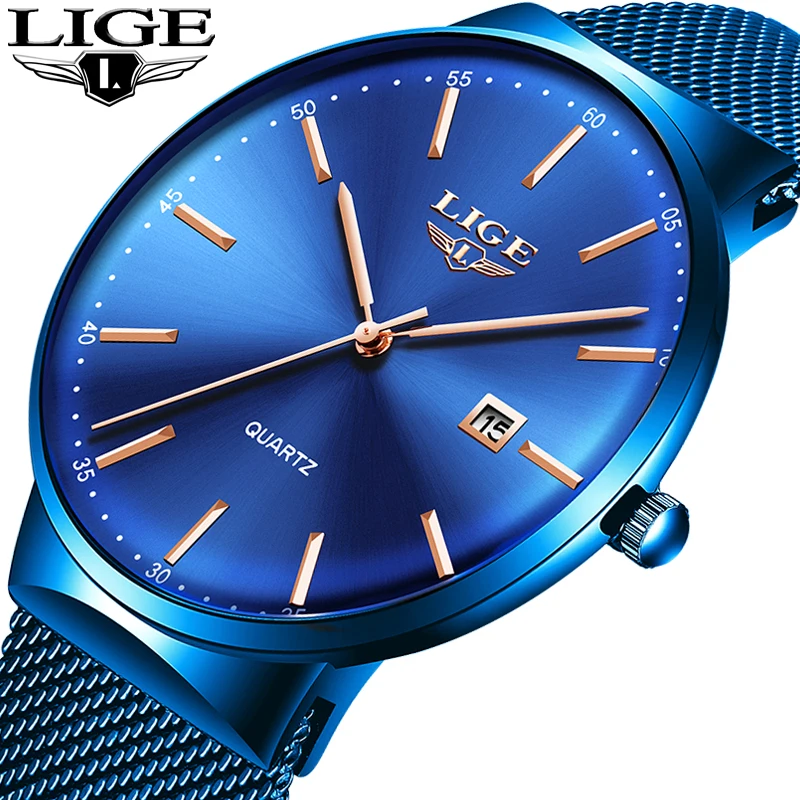 

LIGE Brand Ultra Thin Luxury Mens Steel Watches New Fashion Blue Quartz Casual Sports Clock Simple Waterproof Wristwatch For Men