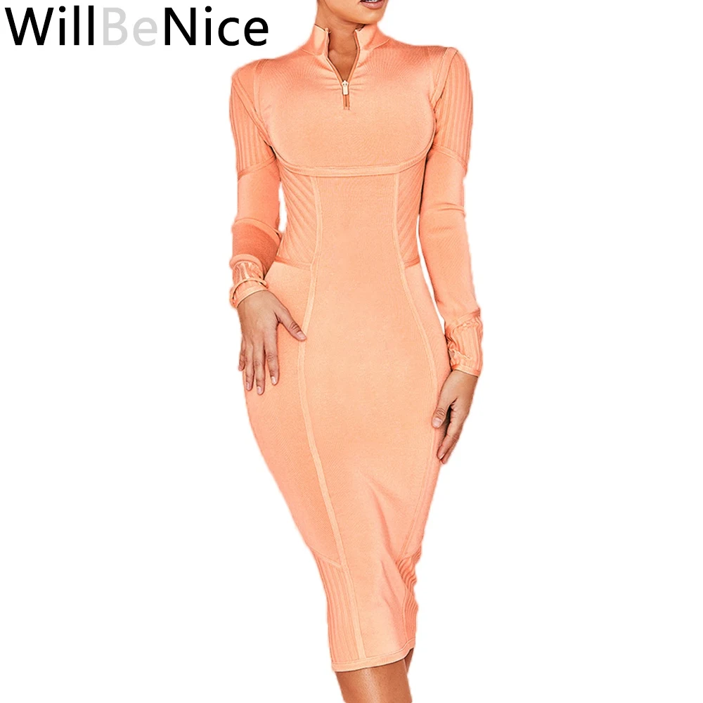 

WillBeNice Orange Women Long Sleeve Dress Midi-Calf Bodycon Dress Spring New Arrival Dress