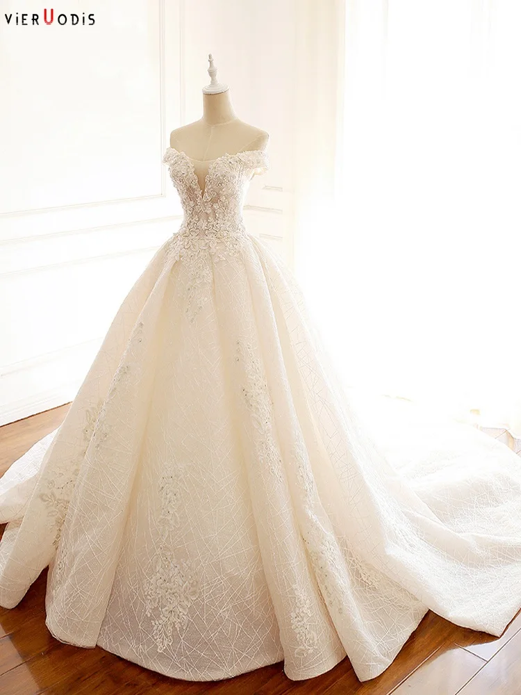 Пышная кружевная юбка-накидка и верхняя часть Vestido De Novia Princesa, кружевные аппликации Vestidos De Noivas тюль, цвет Шампань, свадебное платье