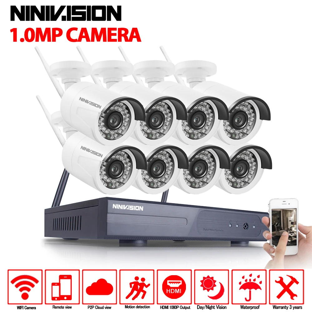 

NINIVISION CCTV System 720P 8CH HD 1.0mp Wireless kit Night Vision IP Camera wifi CCTV Camera kit Home Security System