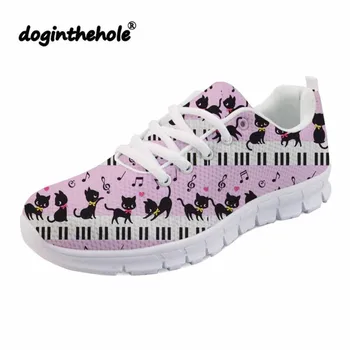 

doginthehole Cute Cat Printing Flat Shoes Women Piano Pattern Mesh Flats for Teenagers Comfortable Sneakers Autumn Zapatos Mujer