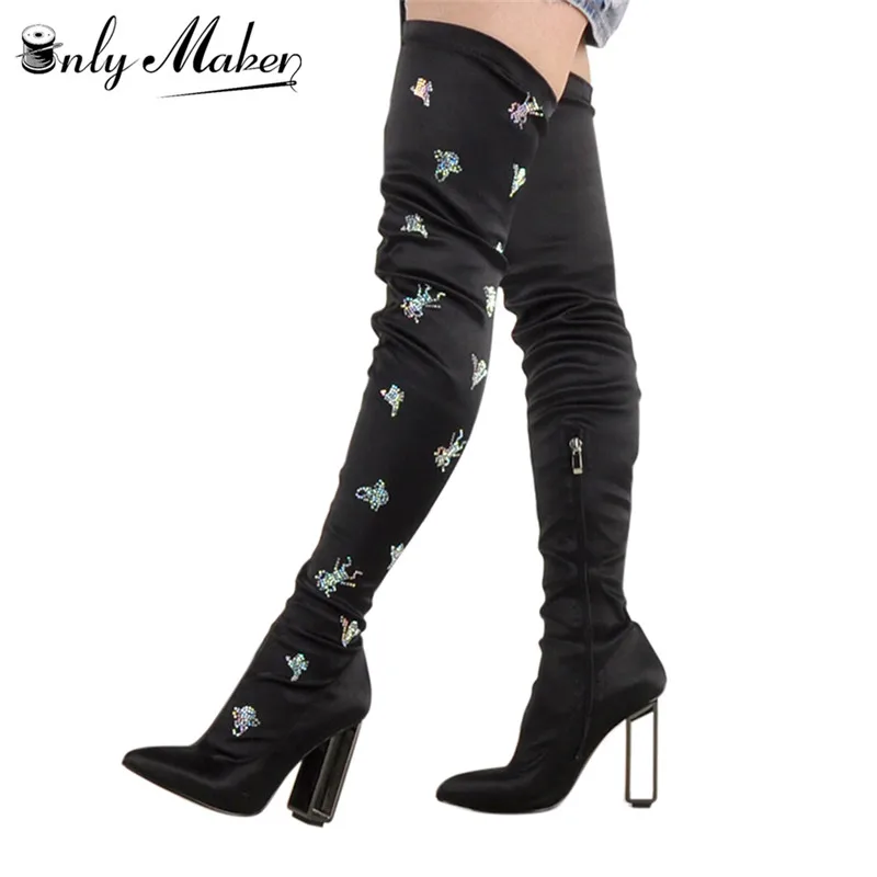 

Onlymaker shoes woman Highly-Elastic Pinted Toe Metal Steel High Heel Glitter Bling Animal Rhinestones Embroidered Overknee Boot