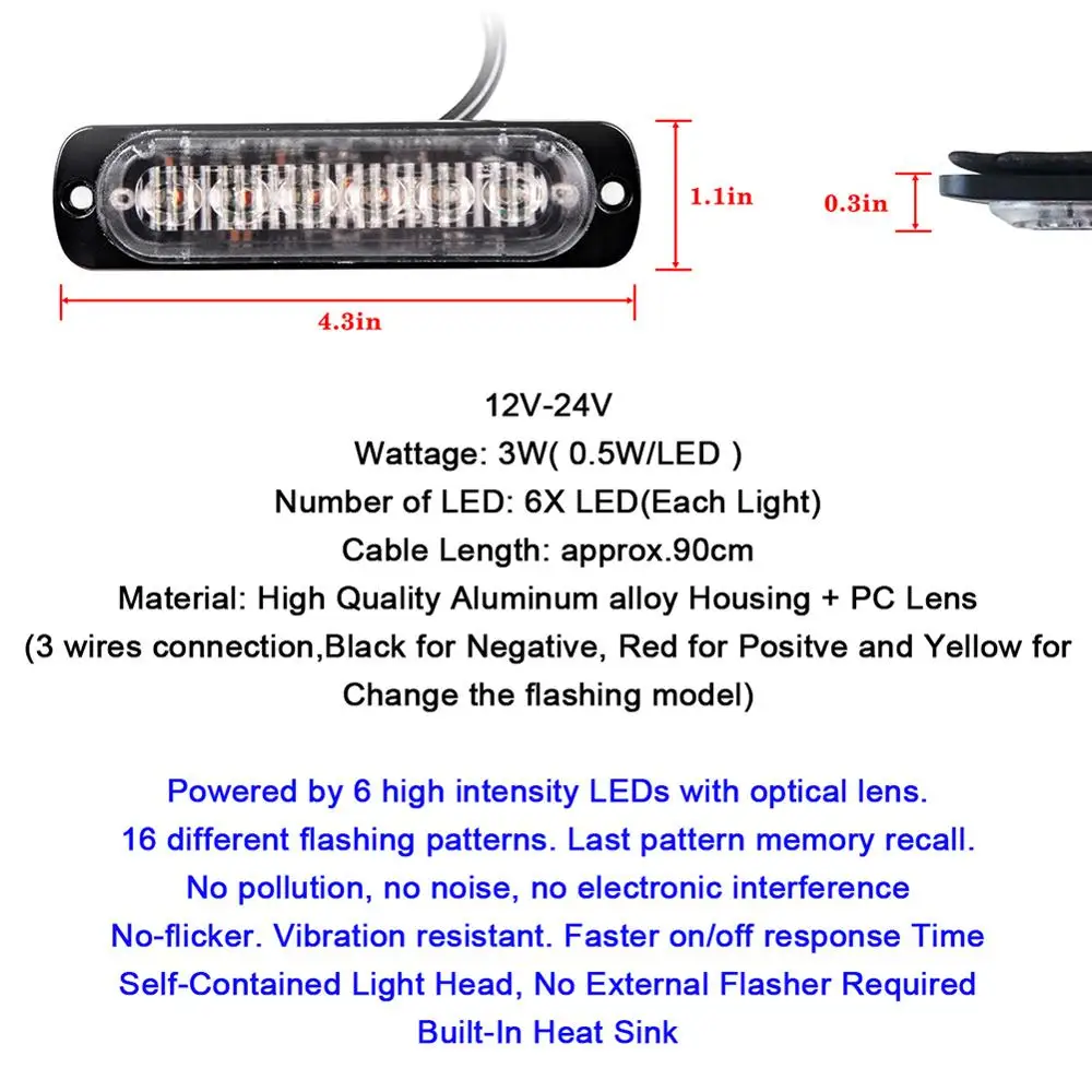 2pcs Universal 12V-24V Super Bright Amber/White 12W 12-LED Warning Emergency Construction Surface Mount Beacon Flash Caution Strobe Light Bar Amber/white