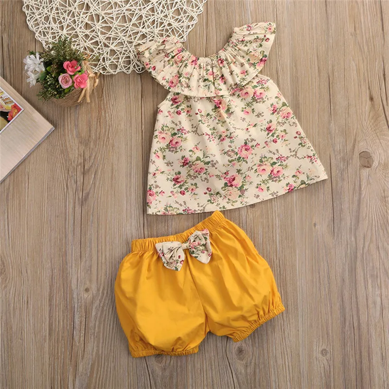 Girls suit summer 2019 new cotton Toddler Kids Girl Floral Sleeveless Tops+Bow Shorts Pants Outfits Clothes Set  (2)