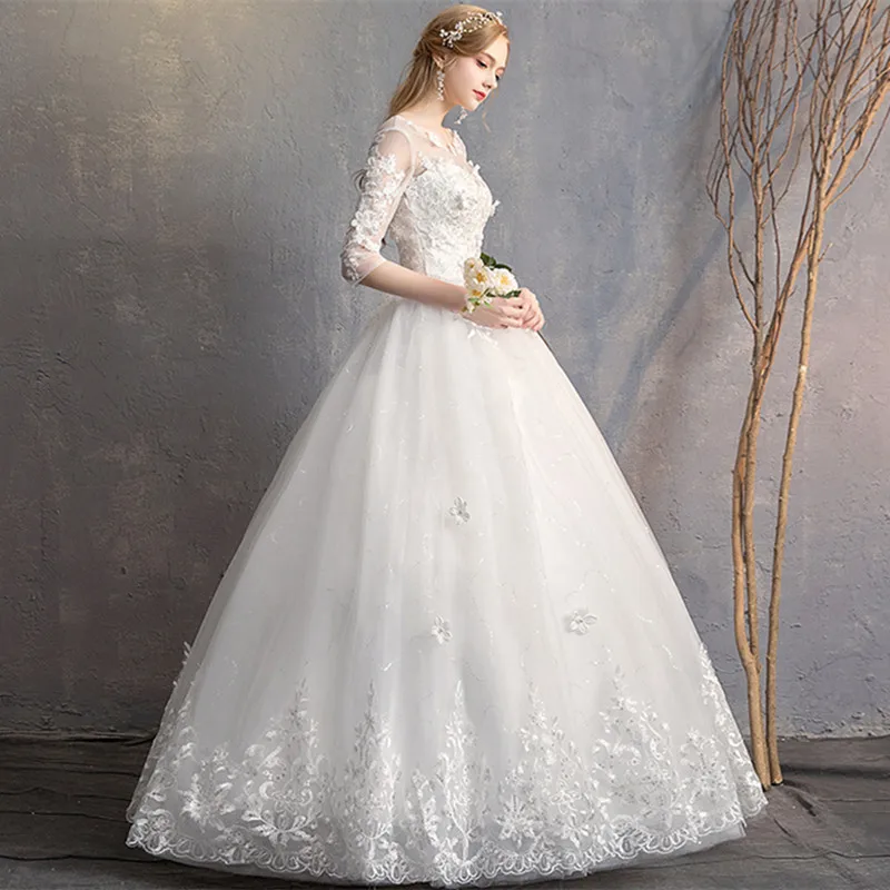 Noble Long Sleeves Wedding Dresses Lace 2019 Elegant Ball Gown Beading Pearls Flowers Vestidos de Novia Floor Length (2)