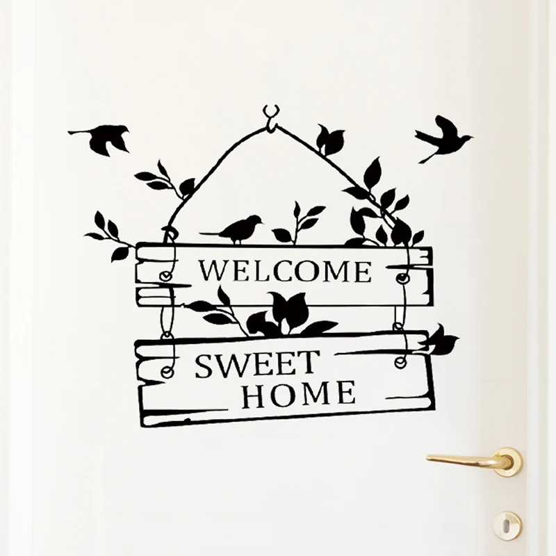 Welcome Sweet Home Door Sign Letters Birds Pattern Wall Stickers Accessories Vinyl Living Room Indoor Decor Wall Mural Art