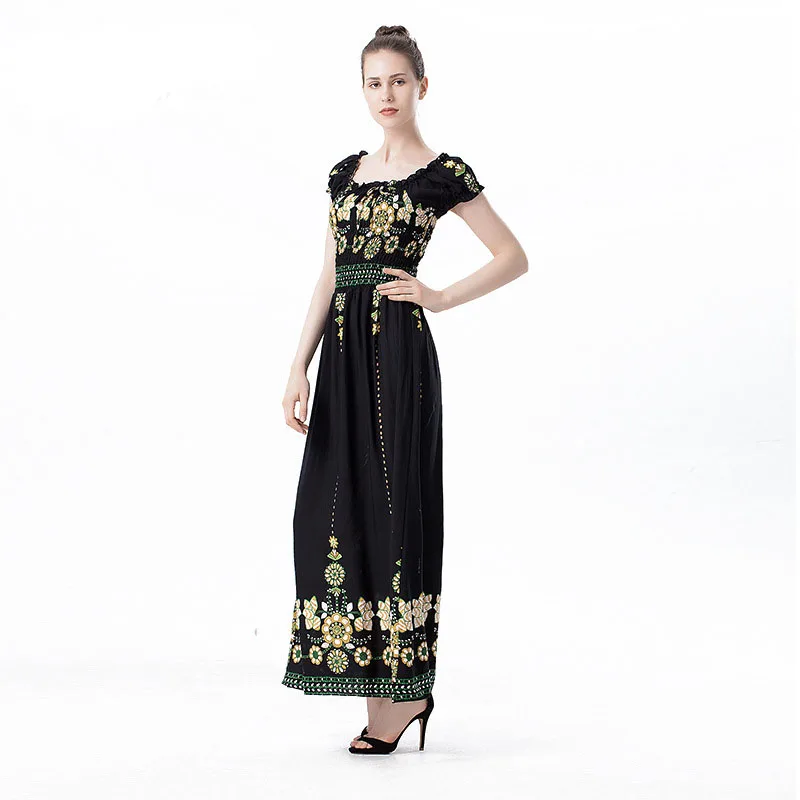 KL1166 Top selling women elegant summer dress female fashion print slash neck off shoulder maxi dress