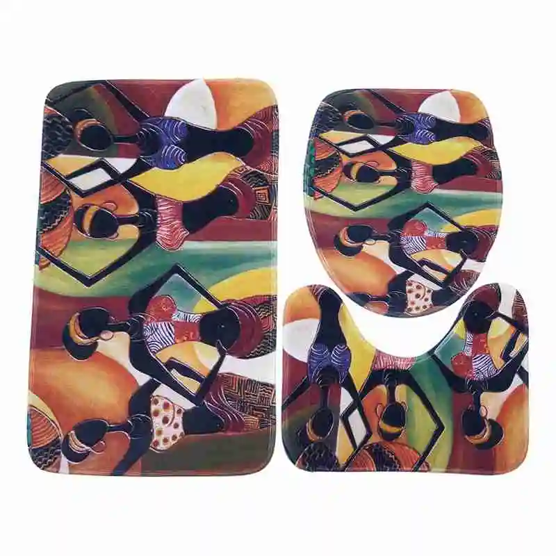

African Woman Printed 3pcs Anti-Slip Bath Mat Set Bathroom Carpets Set Polyester Fiber Toilet Rugs Bathroom Floor Mats