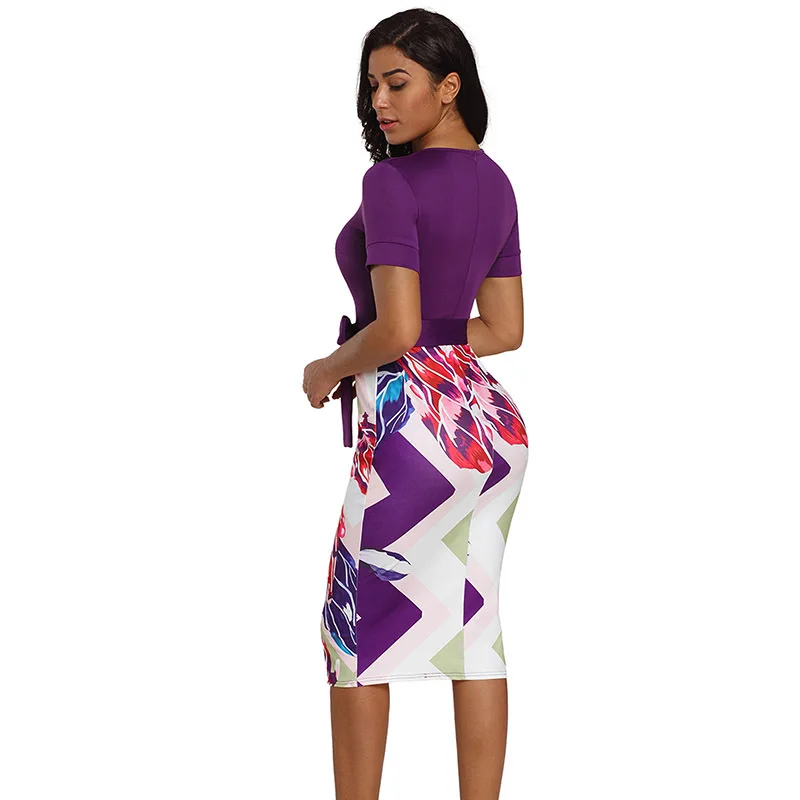 Purple-Bowknot-Short-Sleeve-Printed-Sheath-Dress-LC610096-8-2