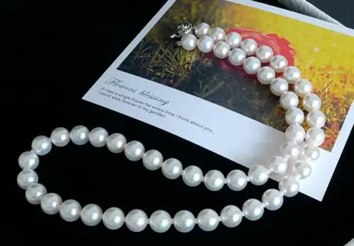 

gorgeous 9-10mm freshwater round white pearl necklace 20inch 925 sliver clasp