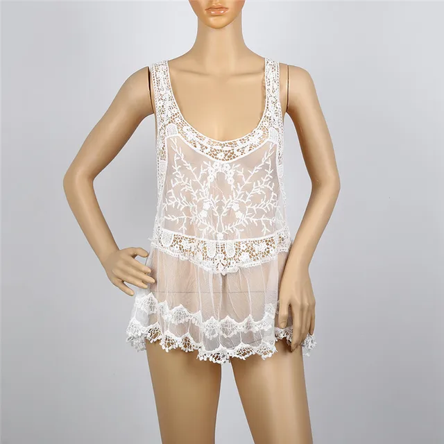 1PC Women Swimsuit Lace Embroidery Swimwear Mesh Bikini Sun Protection Sleeveless Swimsuit Camisole Dress Suit Cover Up 1