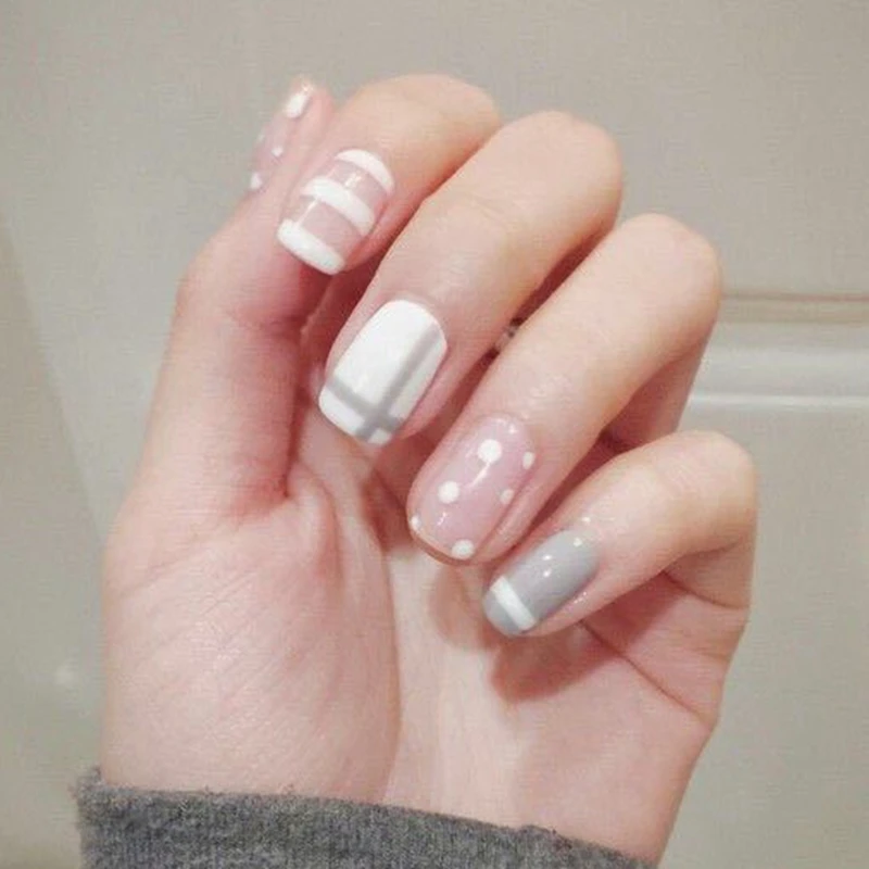 Flat False Nails Natural Pink Grey White Stripe Dots Fake Nail Tips Flat False Nails Natural Pink Grey White Stripe Dots Fake Nail Tips Simple Design Full Cover Manicure Tools Z092 In From Beauty Health On