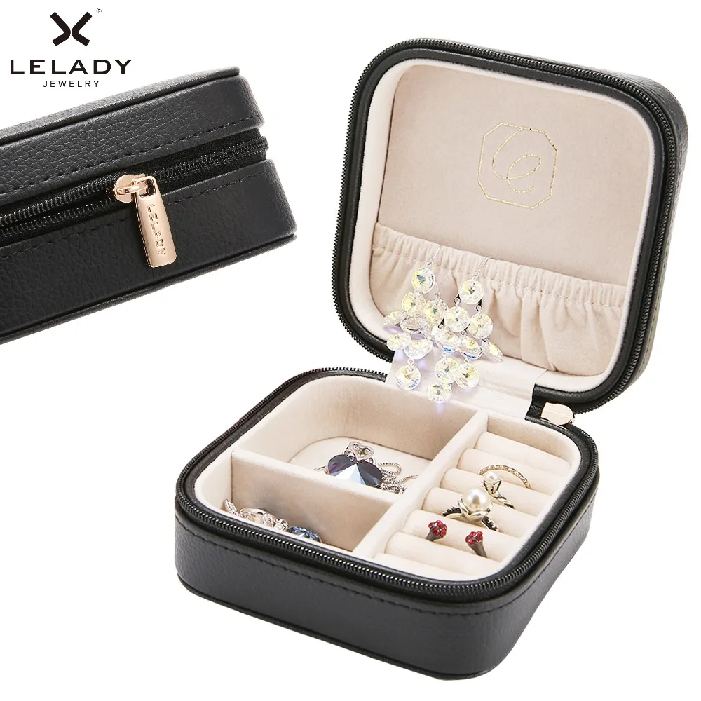 preço LELADY 10*10*5 cm Caixa de Jóias Organizador De Armazenamento Caixa de Jóias de Couro Com Zíper Sólida Caixa De Jóias de Viagem Portátil Caixa de presente para As Mulheres