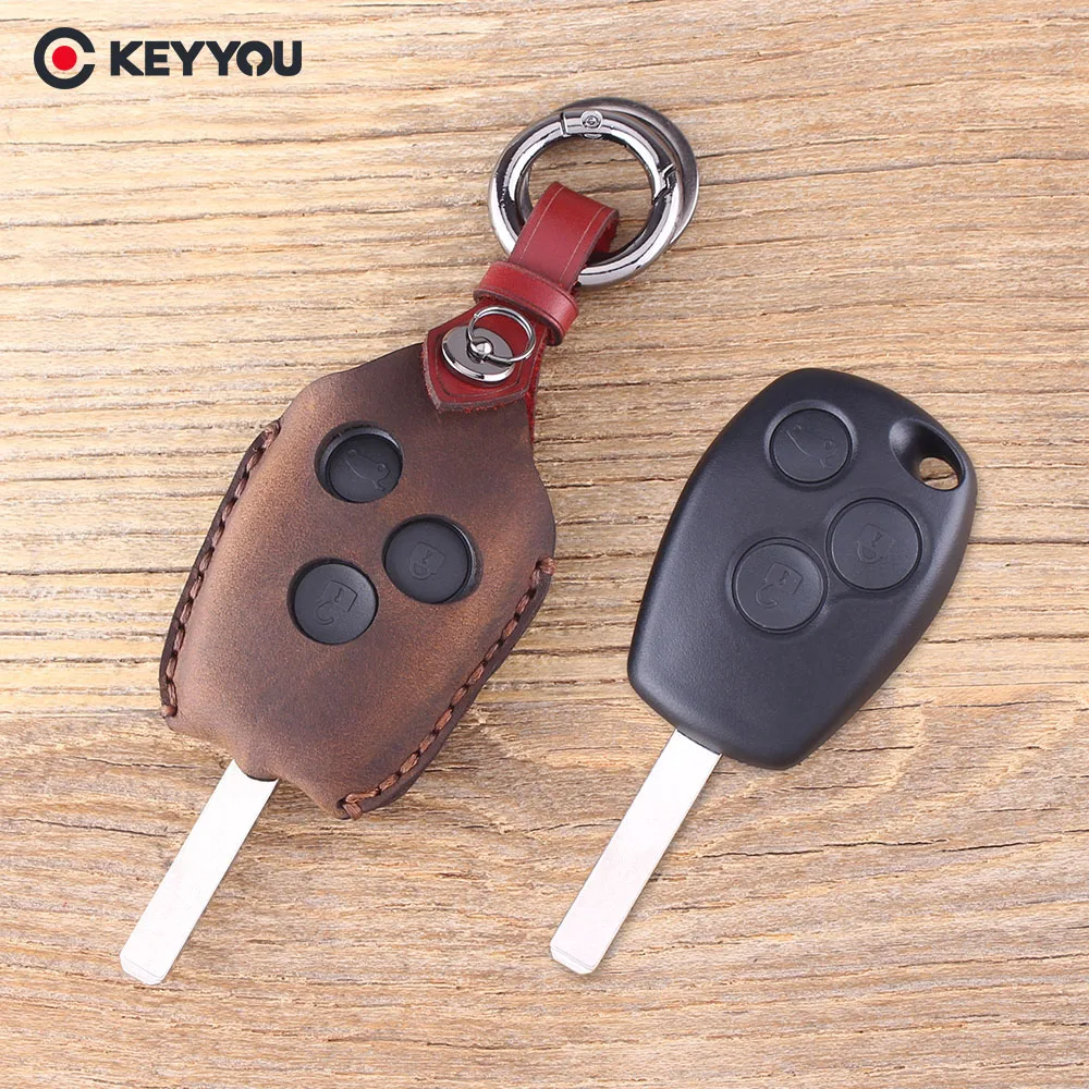 

KEYYOU 3 Button Leather Key Case Fob For Renault /Kangoo II /Clio III Protector Key Bag Cover Replacement Cover Remote Key