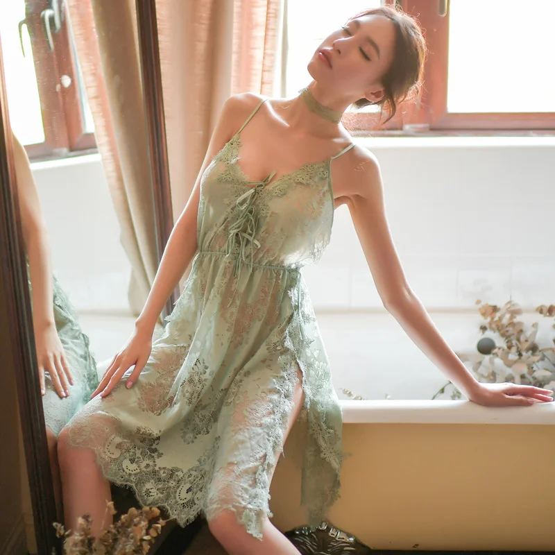 Сексуальная соблазнительная Пижама Дамская кружевная тонкая секция с открытой спиной ажурный ремешок с v-образным вырезом сетчатая прозрачная ночнушка комплект платье