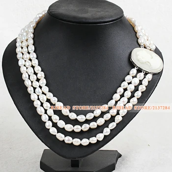

Fashion And Elegant Party Style 3 Strand Natural 8-9mm White Rice Shape Baroque Pearl Necklace With Beauty Head Clasp