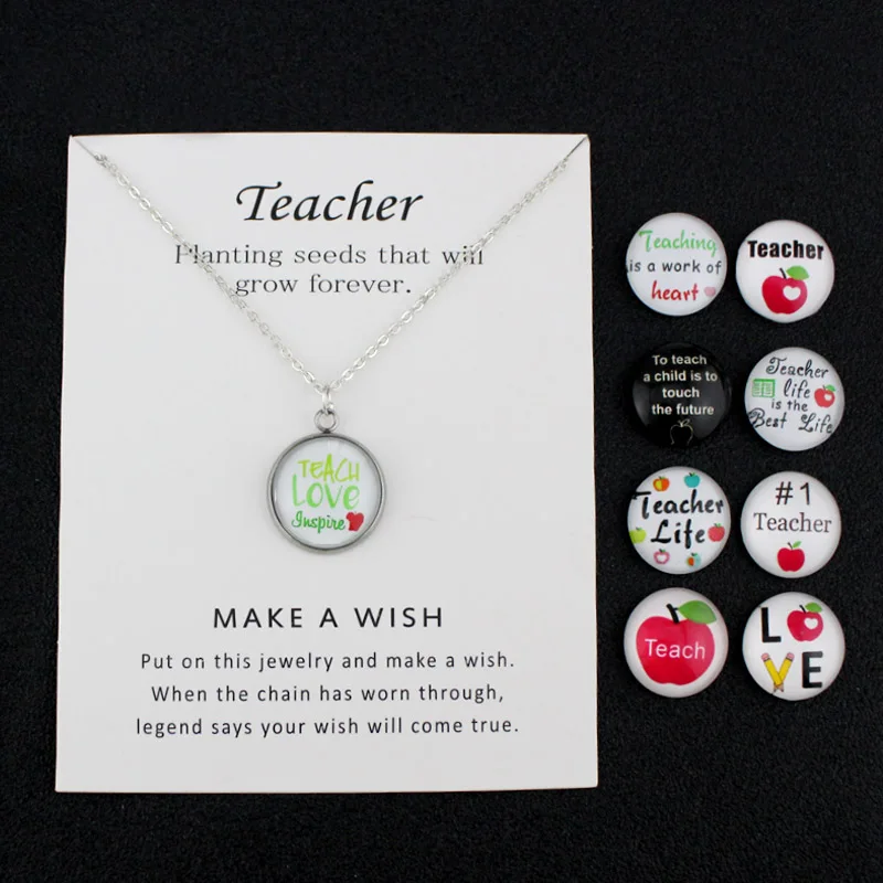 

Teacher Apple Teach Love Inspire Silver Pendants Chain Necklaces Women Men Unisex Trendy Jewelry Christmas Gift Many Styles