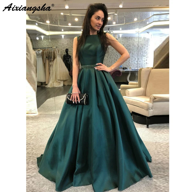 

Green Evening Dresses 2019 A-Line Satin Beaded Backless Elegant Long Formal Evening Gown Prom Dress robe de soiree