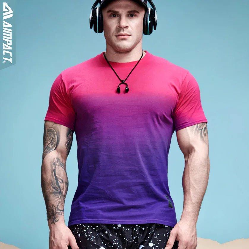 Aimpact bavlna Gradient tričko pro muže Fitness Hip Hop Tie Dye tričko Homme Crew krk svalové tričko s krátkým rukávem Značkové oblečení