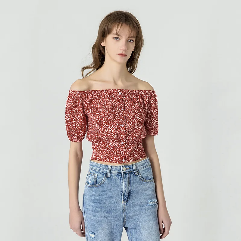 2019 new ladies red floral puff sleeves word shoulder female models ...