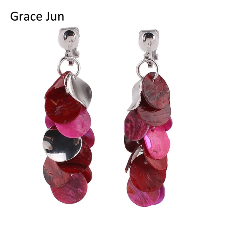 

Grace Jun New Design Natrual Shell Clip on Earrings Without Percing for Women Vintage Elegant Charm Pierced Earrings Not Allergy
