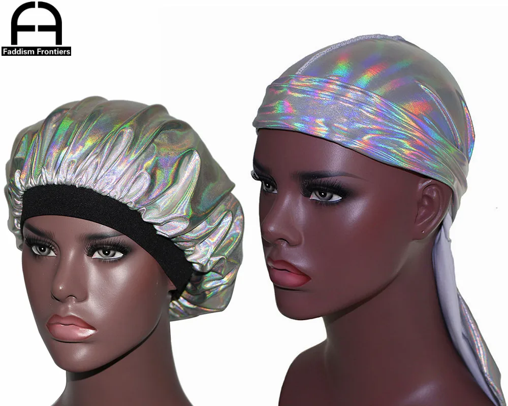 

Unisex Men Holograph Durag Long Tail Waves For men Solid Wide Doo Rag and Women Bonnet Cap Sleeping Hat Matching