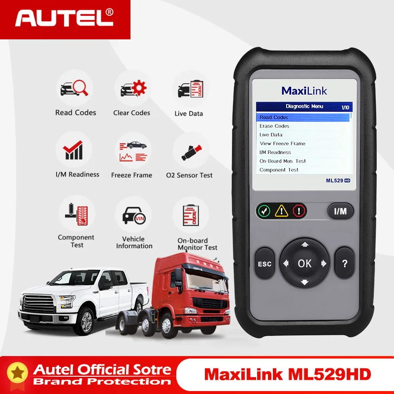 

Autel MaxiLink ML529HD Scan Tool Diagnostic Tool Full OBD2 Car Scanner Auto Scan Tool Heavy Duty Vehicle Code Reader ML529+ HD