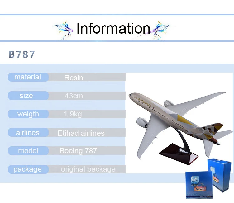 Prenoy 43 см смолы Boeing 787 модель самолета Etihad Airways самолета B787 Airbus Модель Etihad стенд самолета Модель корабля коллекций