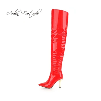 

Arden Furtado 2018 autumn winter zipper sexy stilettos party shoes ladies pointed toe white red silver over the knee boots 40 42