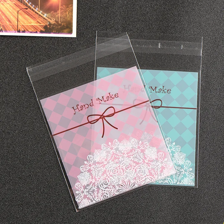 100X lace bowknot Self Adhesive DIY Cookie Candy Package Gift Bag Cellophane SL