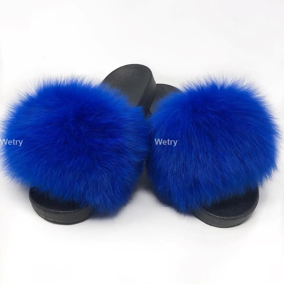 Меховые тапочки; женские шлепанцы с натуральным лисьим мехом; Домашние меховые плоские сандалии женские милые пушистые домашние туфли; Роскошная Брендовая женская обувь; коллекция года - Цвет: fox fur Navy Blue